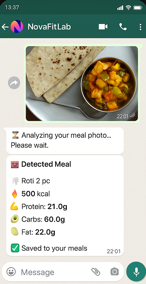 NovaFitLab WhatsApp Meal Tracking Screenshot